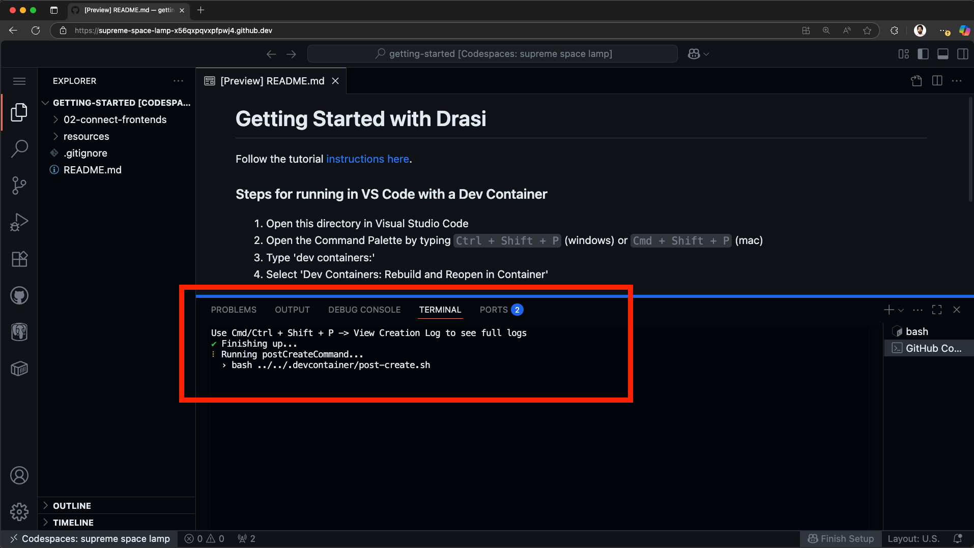 Codespace setup scripts running