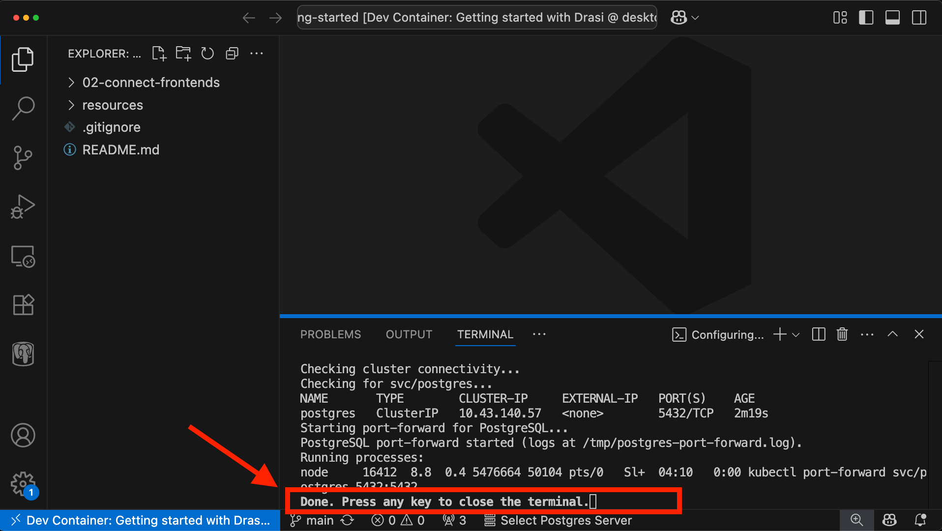 Codespace ready with welcome message and README file open