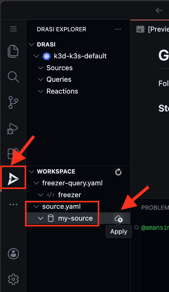 Drasi VS Code extension showing Apply button for my-source