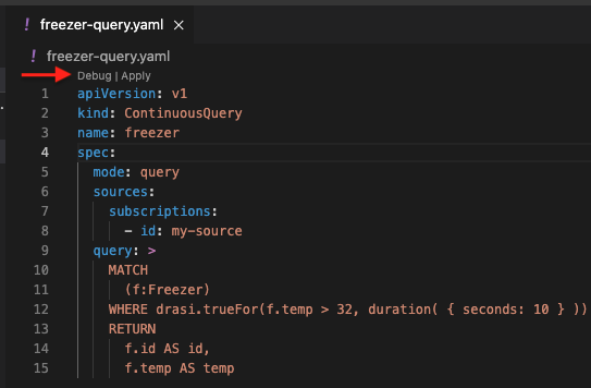 Drasi VS Code extension showing Debug button for freezer query