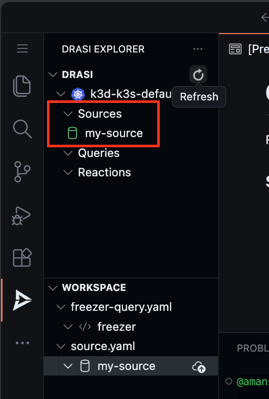 Drasi VS Code extension showing Apply button for my-source