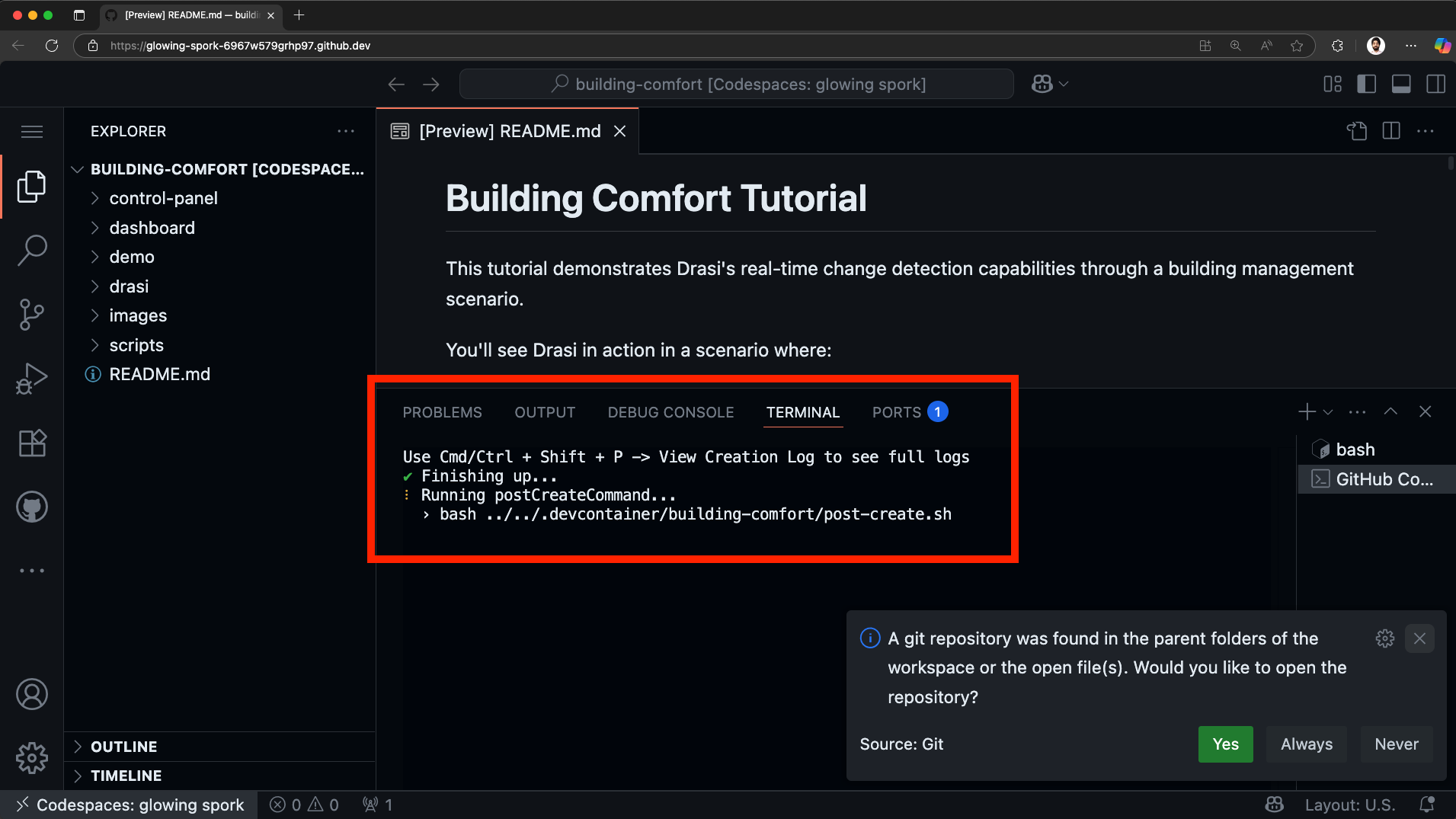 GitHub Codespaces creation and setup in progress