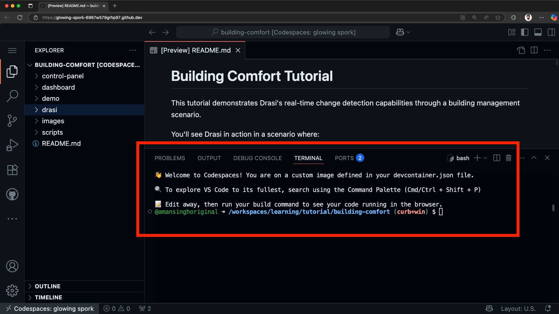 Codespace ready with welcome message and README file open