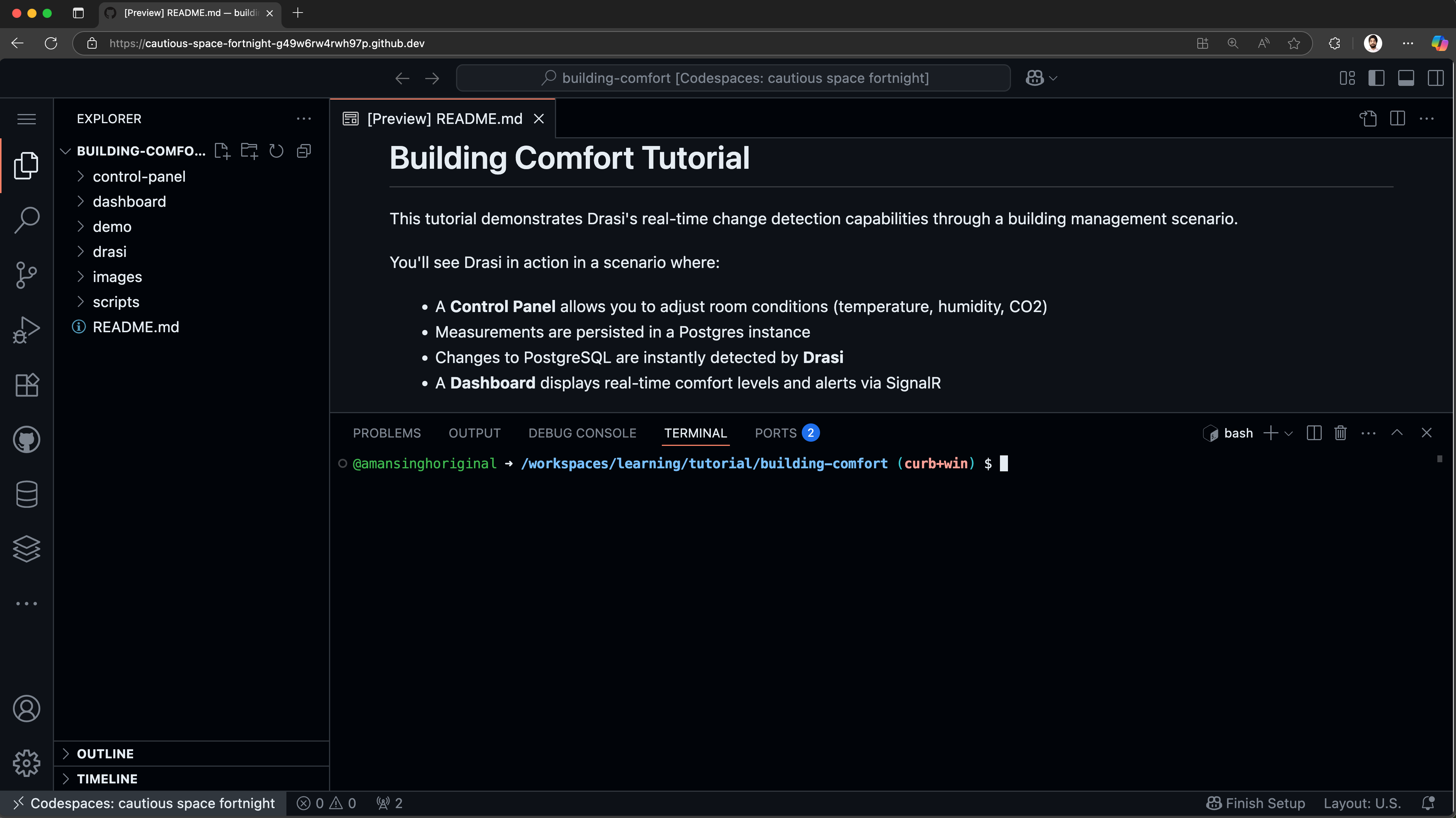 Codespace ready with welcome message and terminal output