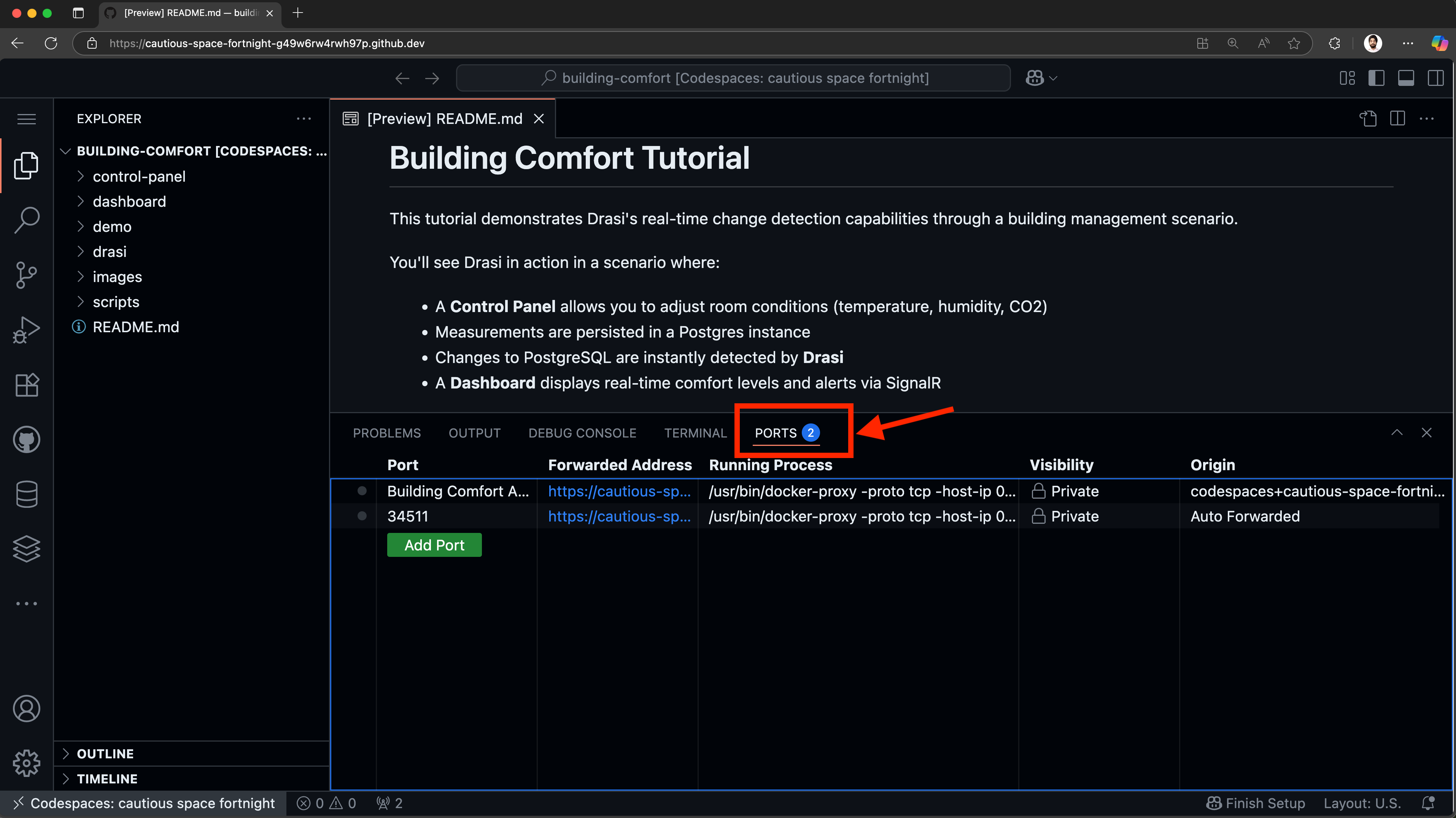 VS Code interface showing how to open the Ports tab in Codespaces