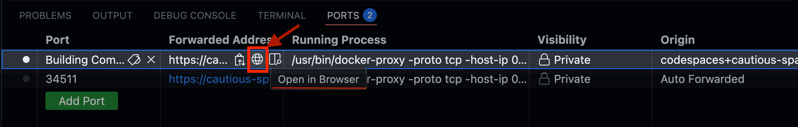 Codespaces Ports tab showing Open in Browser button for Building Comfort Apps