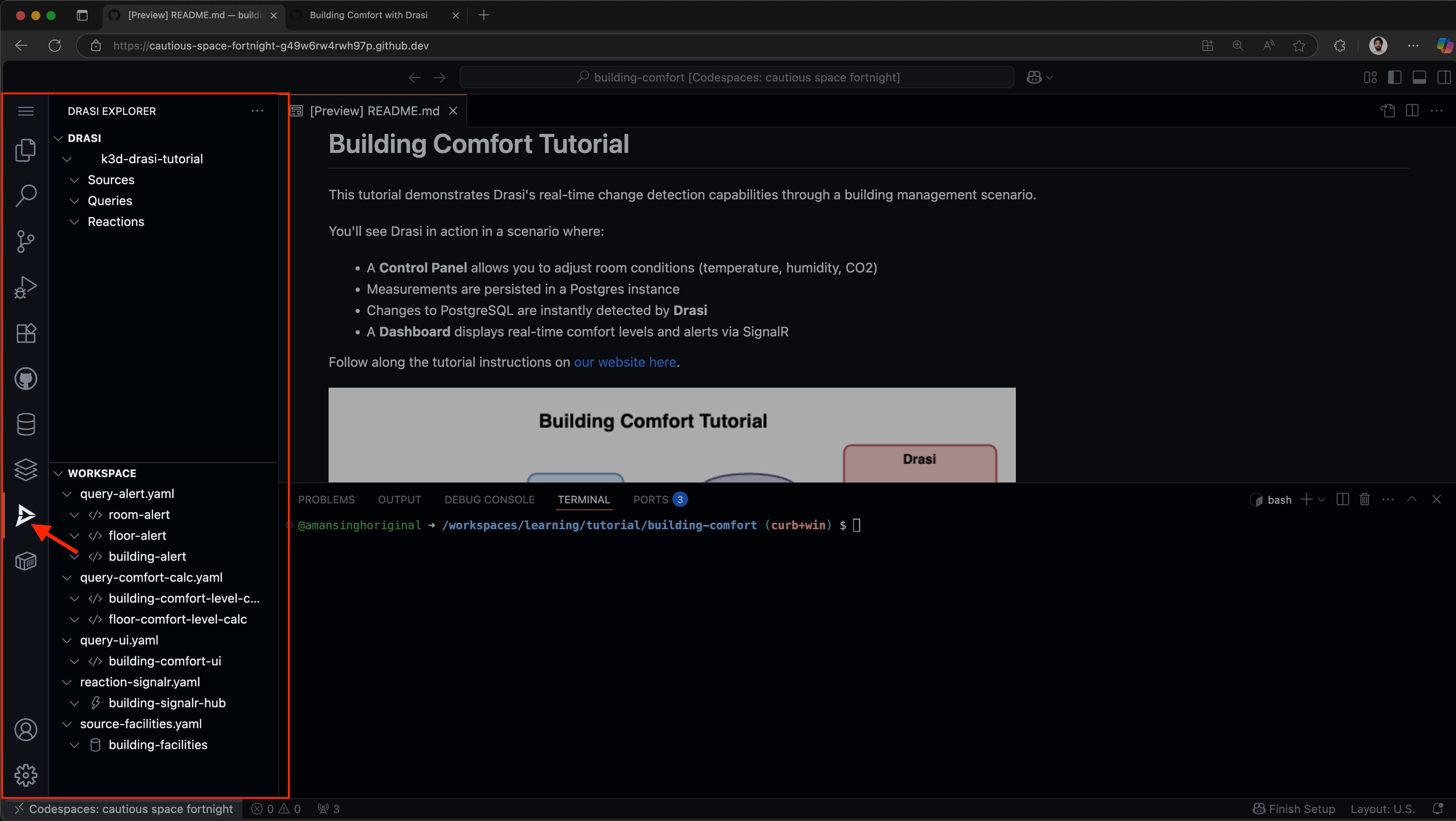 VS Code showing Drasi extension installed in Codespaces