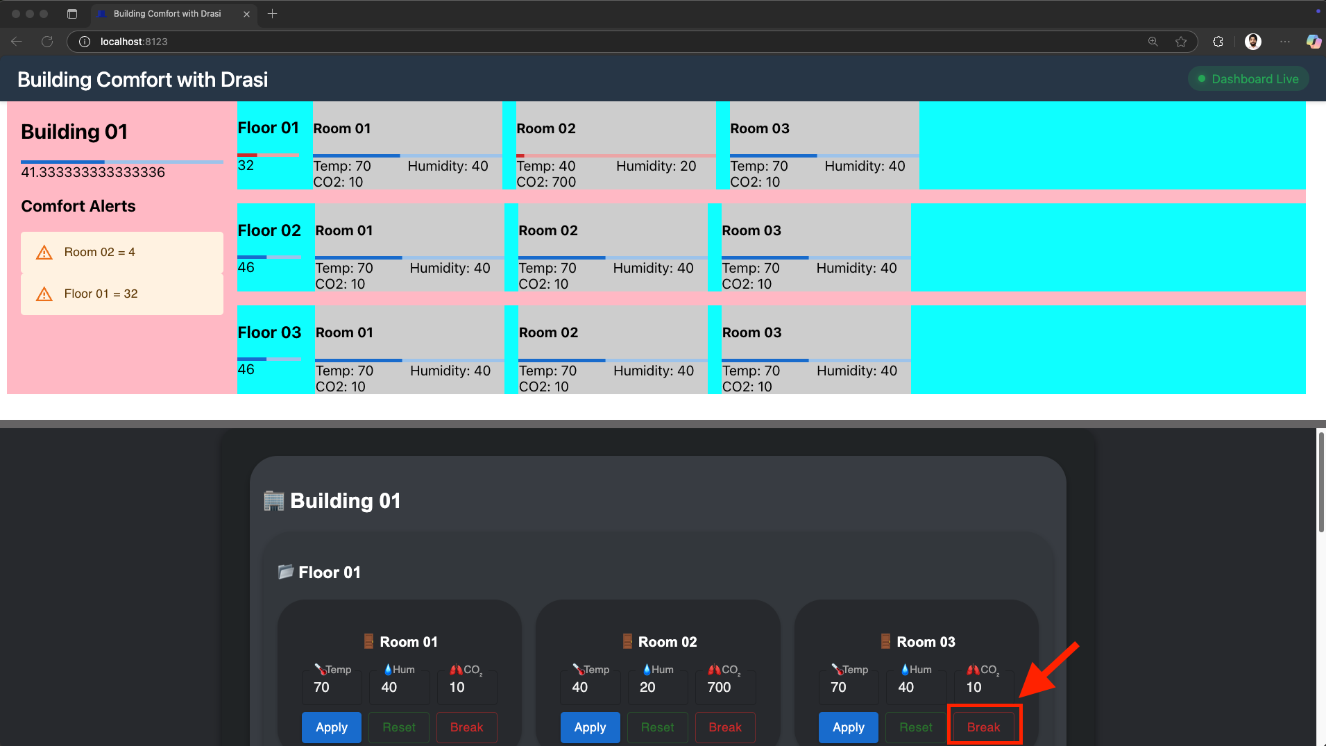 Click Break button for Room 03 on Floor 01 in the control panel