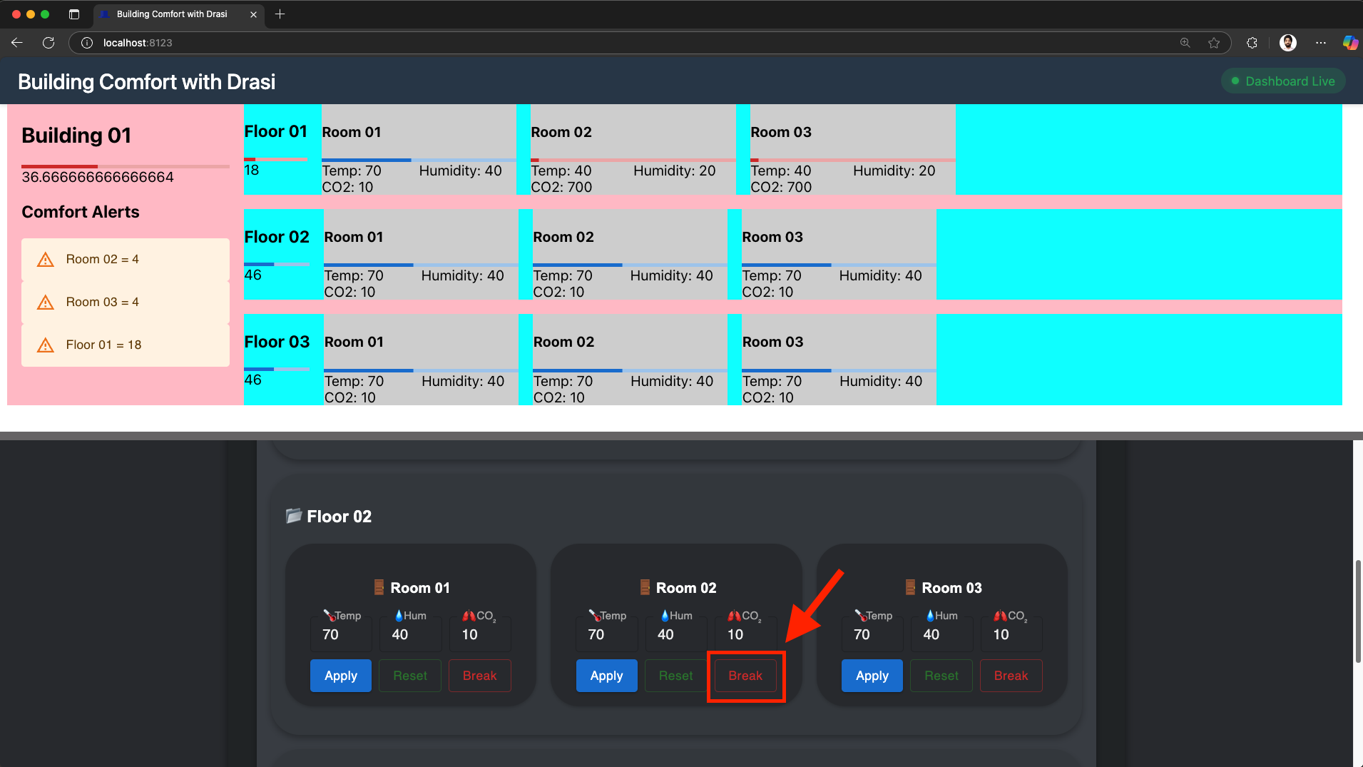 Click Break button for Room 02 on Floor 02 in the control panel