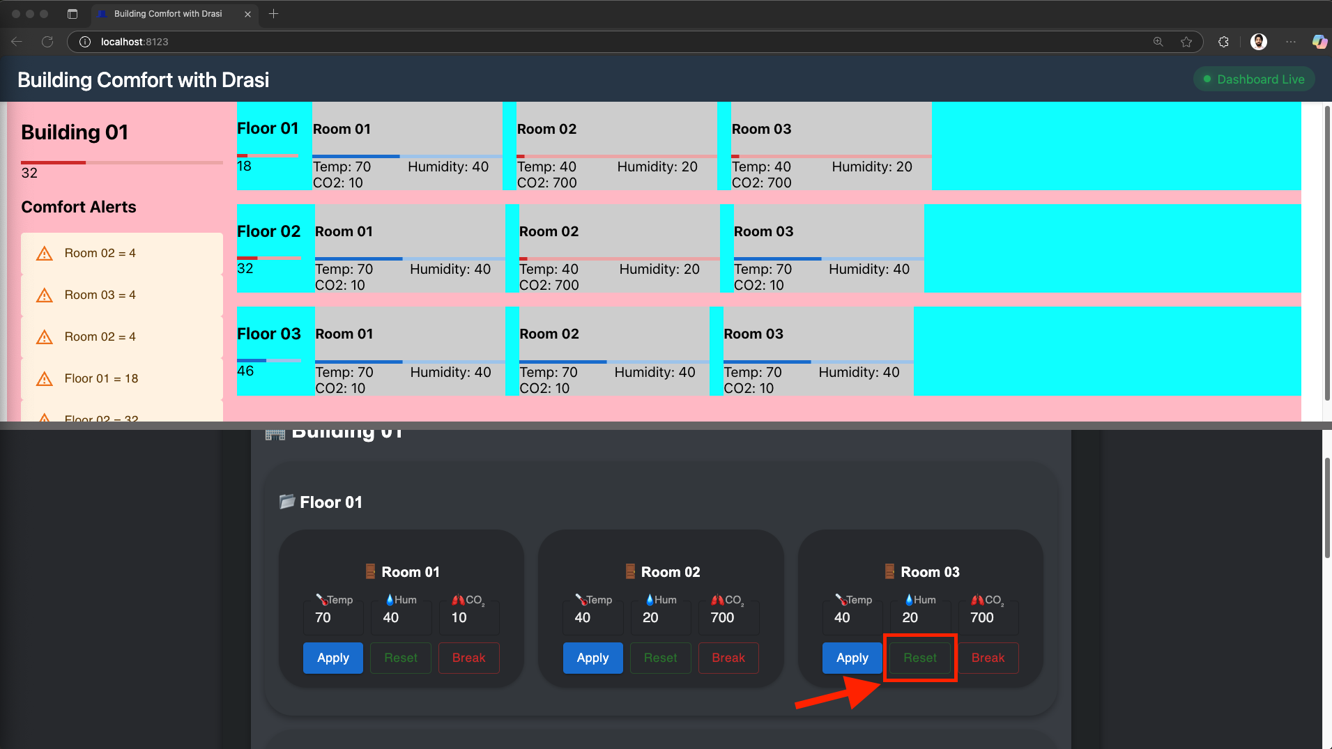 Click Reset button for Room 03 on Floor 01 in the control panel