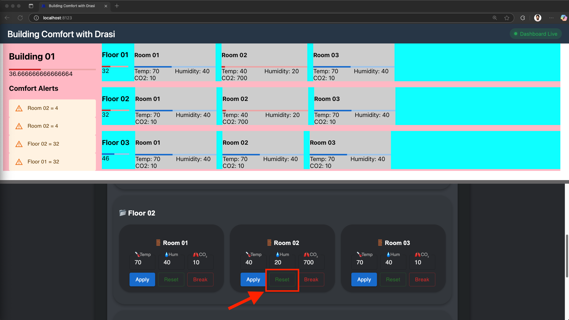 Click Reset button for Room 02 on Floor 02 in the control panel