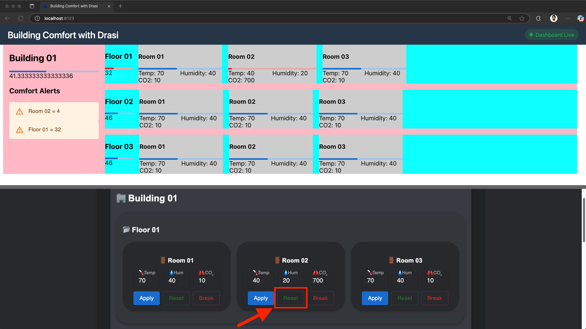 Click Reset button for Room 02 on Floor 01 in the control panel