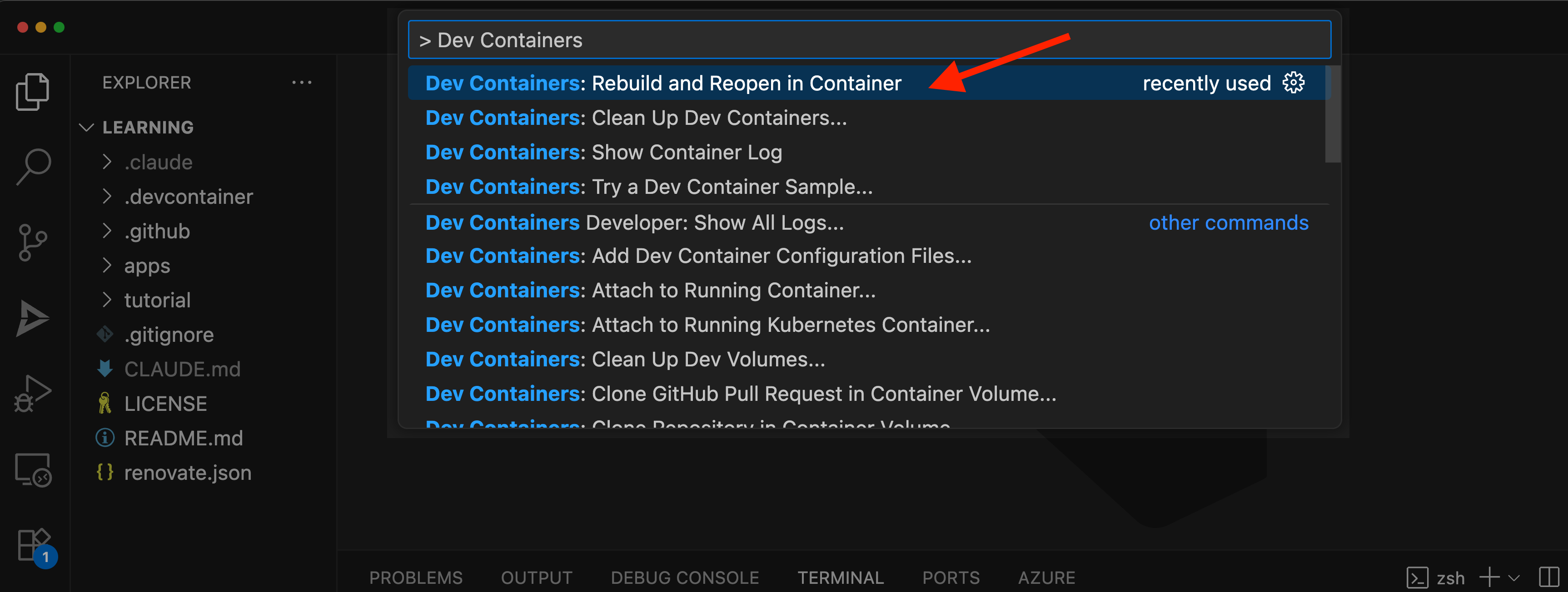 VS Code command palette showing Dev Containers: Rebuild and Reopen in Container option