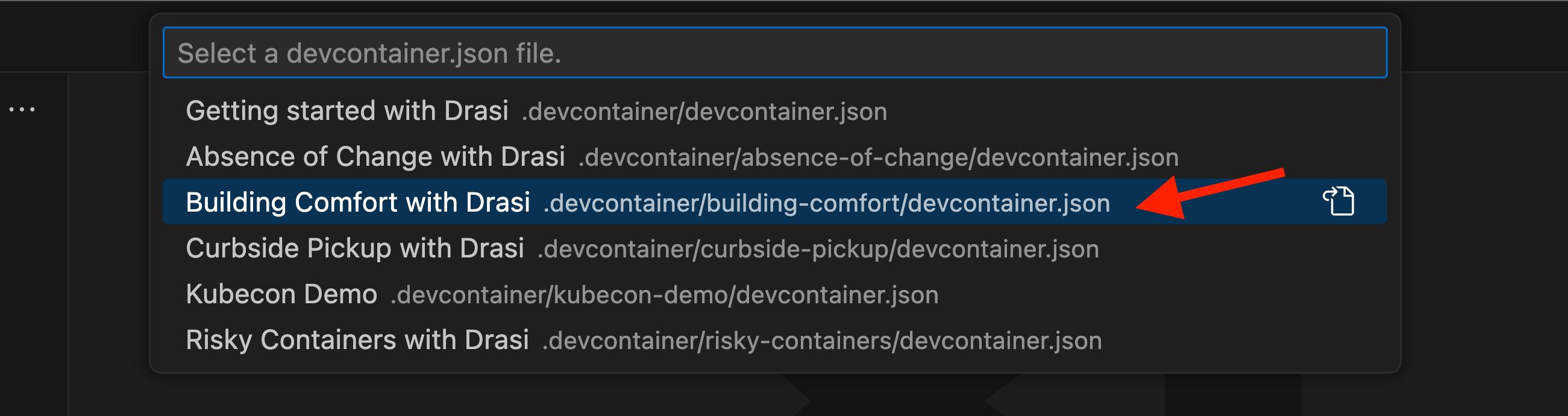 Dev container selection menu showing Building Comfort with Drasi option