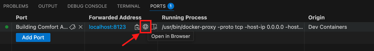 Dev Container Ports tab showing Open in Browser button for Building Comfort Apps