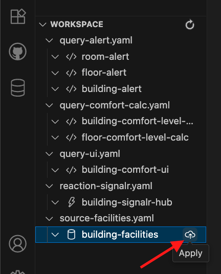 Drasi VS Code extension showing Apply button for building-facilities source