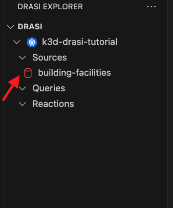 Drasi VS Code extension showing building-facilities source with red icon while deploying