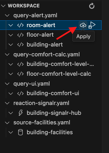 Drasi VS Code extension showing Apply button for building-comfort-ui query