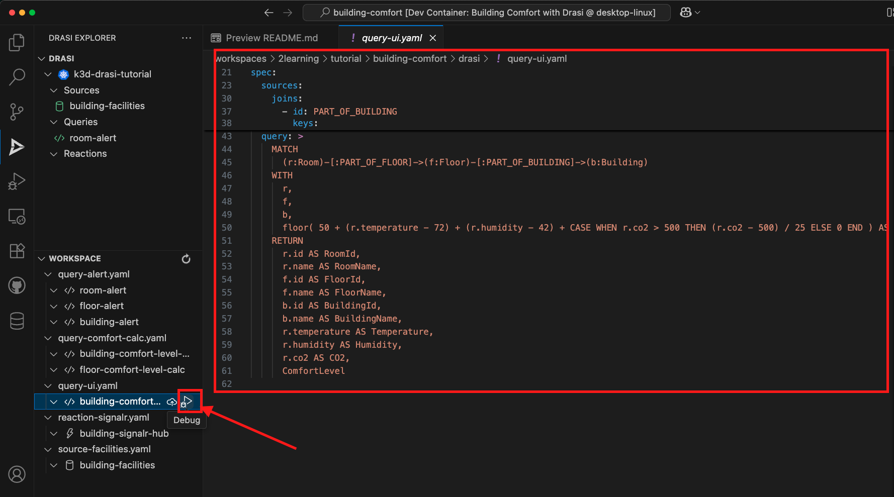 Drasi VS Code extension showing Debug button for building-comfort-ui query