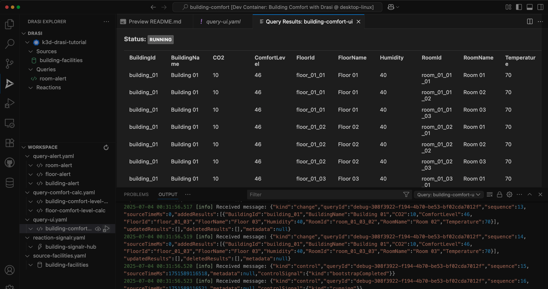 Drasi VS Code extension showing live query results with building, floor, and room data