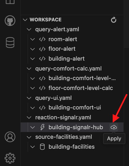 Drasi VS Code extension showing Apply button for SignalR reaction