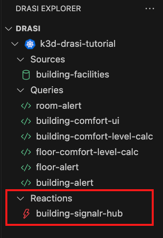 Drasi VS Code extension showing SignalR reaction deploying with red icon