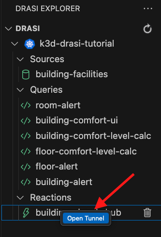 Drasi VS Code extension context menu showing Open Tunnel option