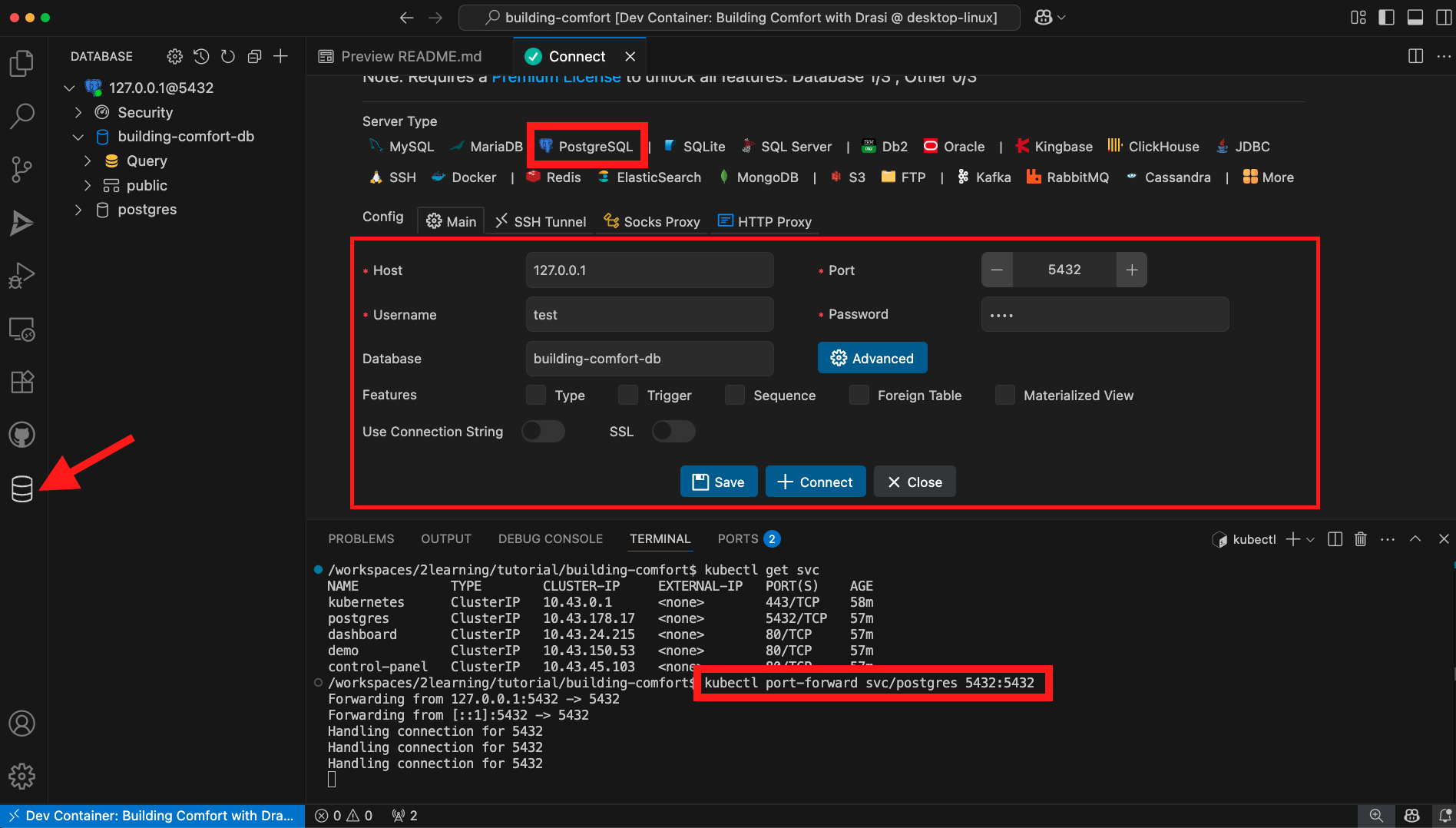 Database Client extension showing PostgreSQL connection configuration