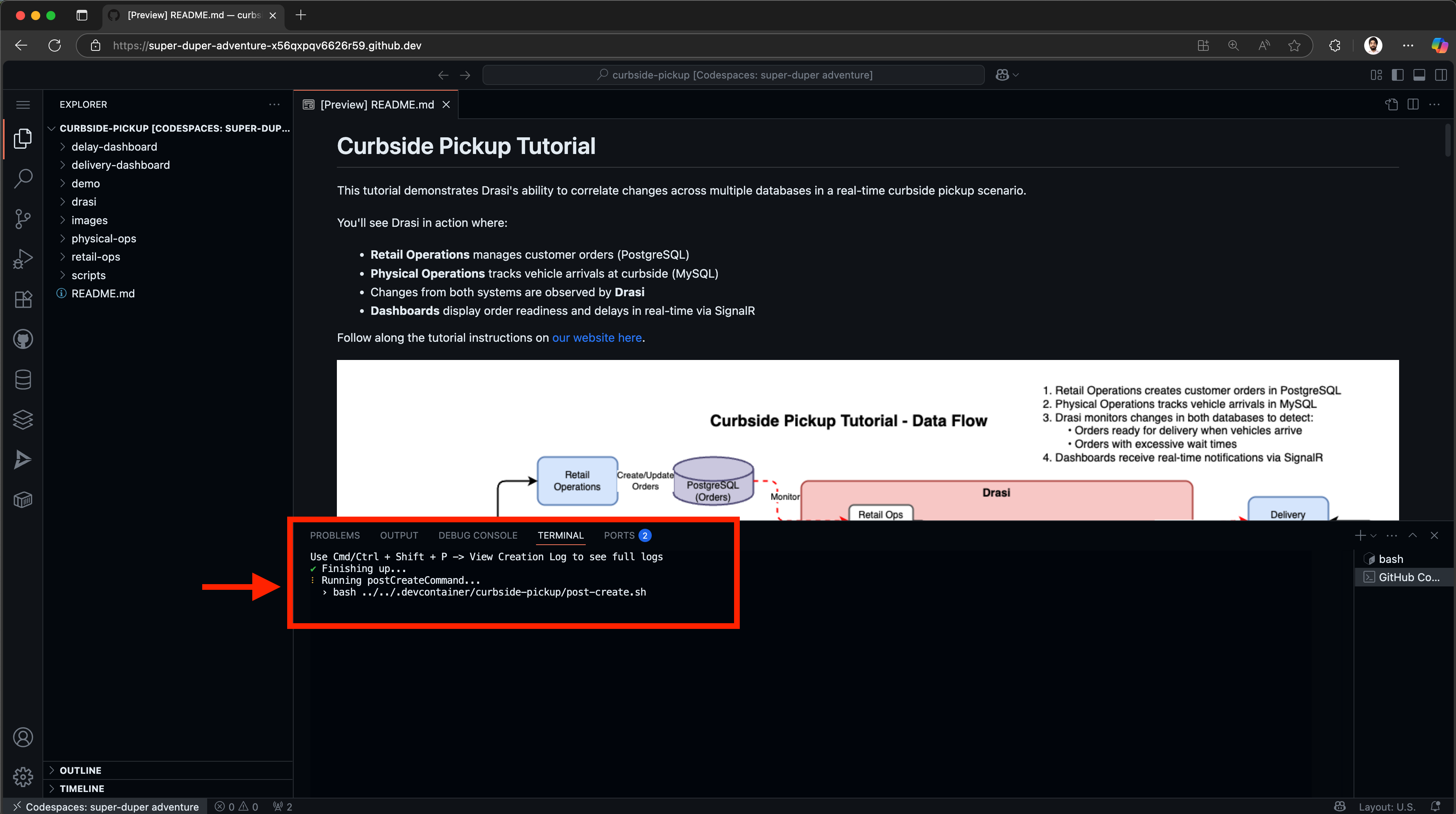 GitHub Codespaces creation and setup in progress