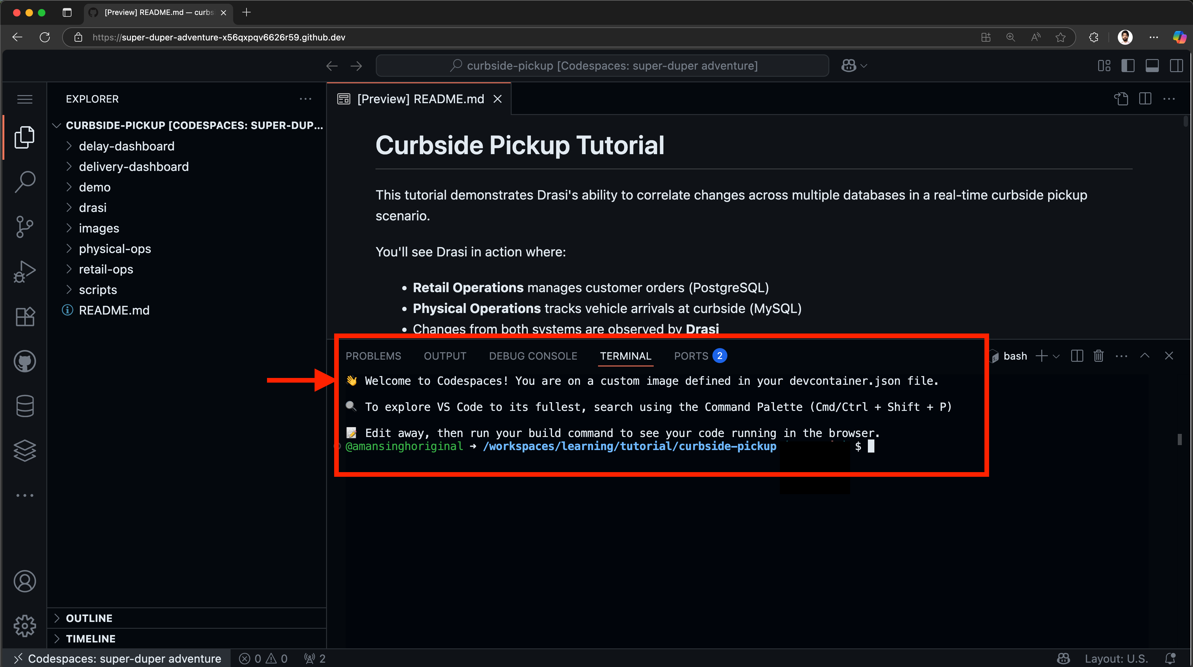 Codespace ready with welcome message and README file open