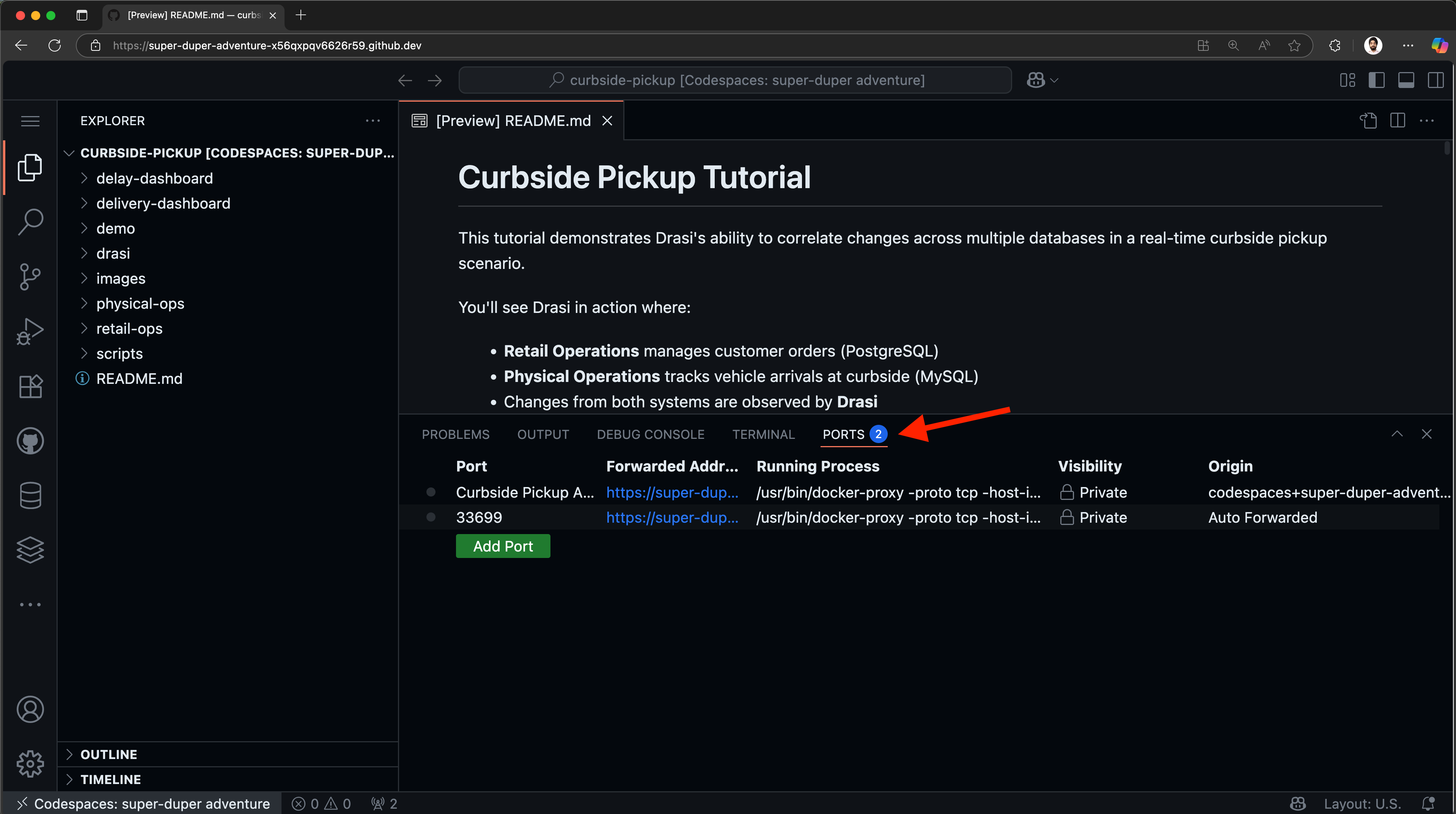 VS Code interface showing how to open the Ports tab in Codespaces