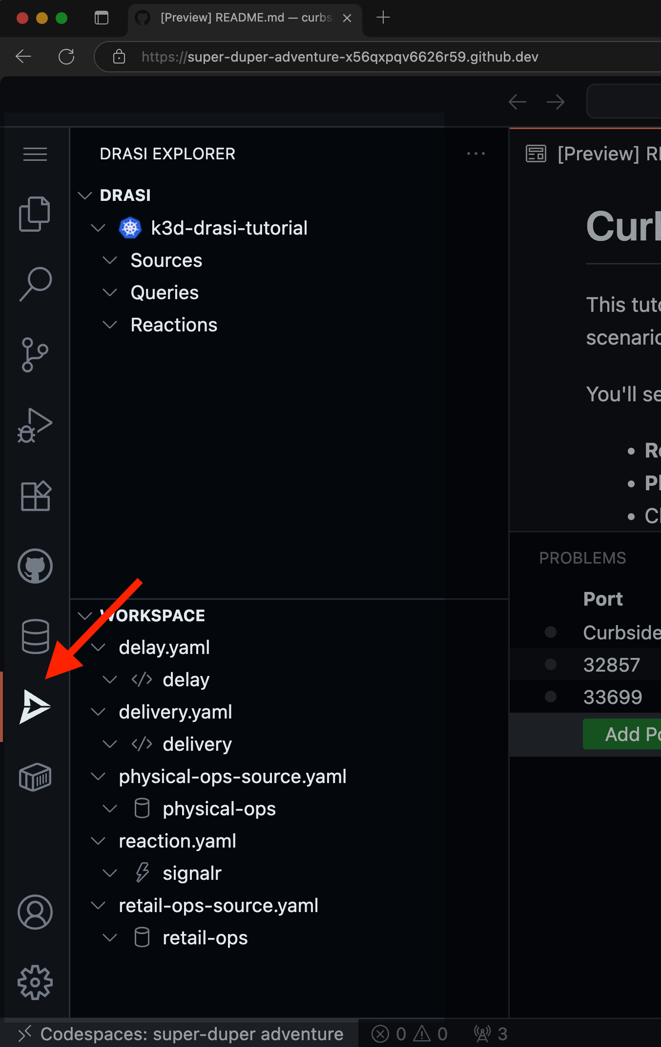 VS Code showing Drasi extension installed in Codespaces
