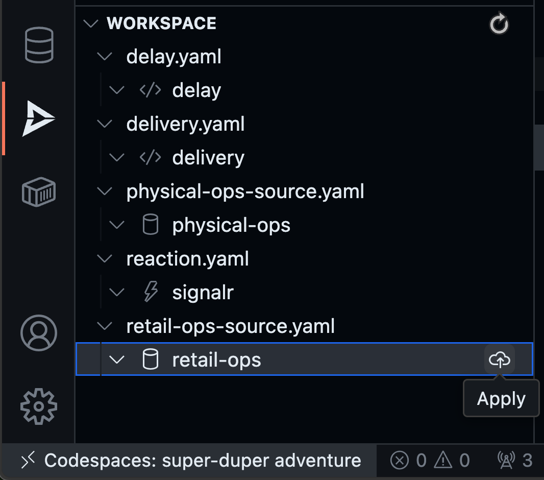 Drasi VS Code extension showing Apply button for retail-ops source