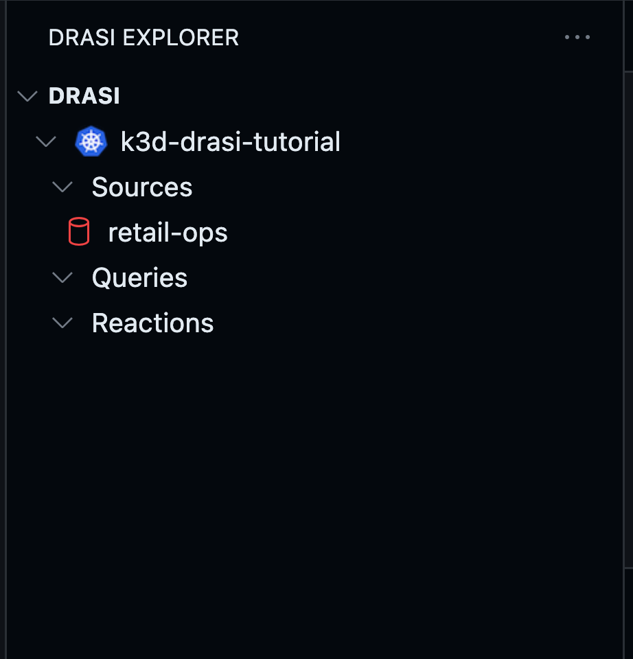 Drasi VS Code extension showing retail-ops source with red icon while deploying