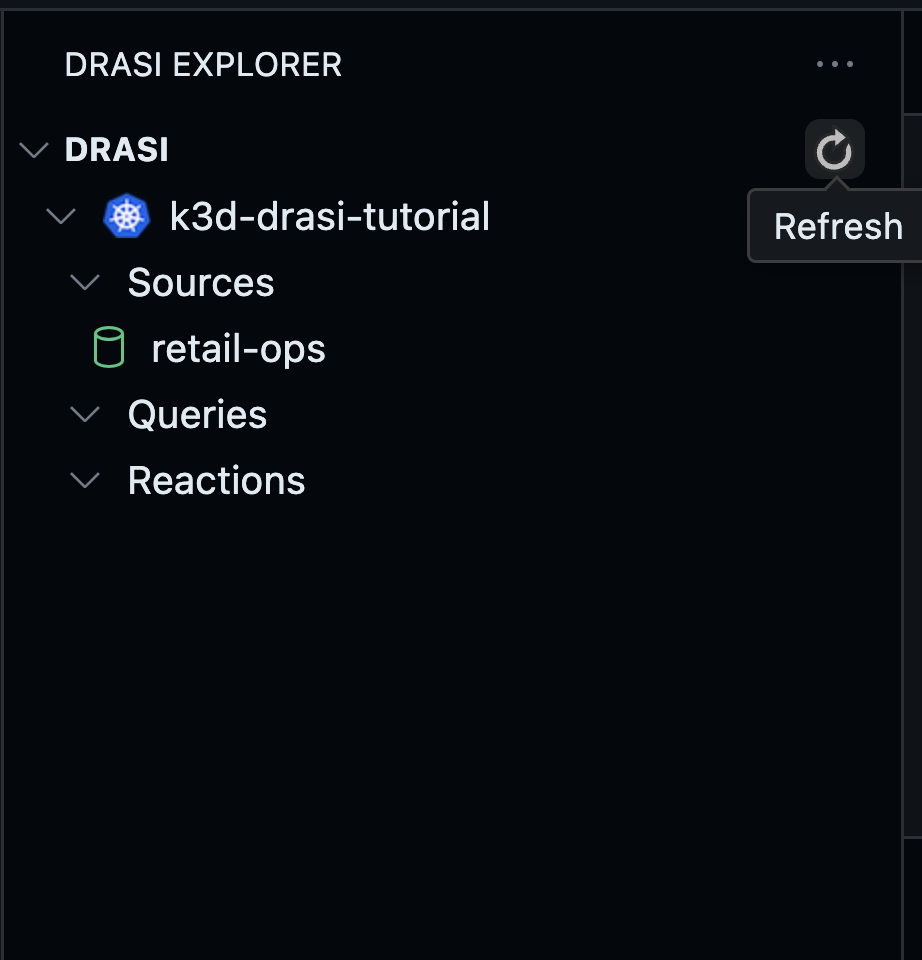 Drasi VS Code extension showing retail-ops source ready with green icon