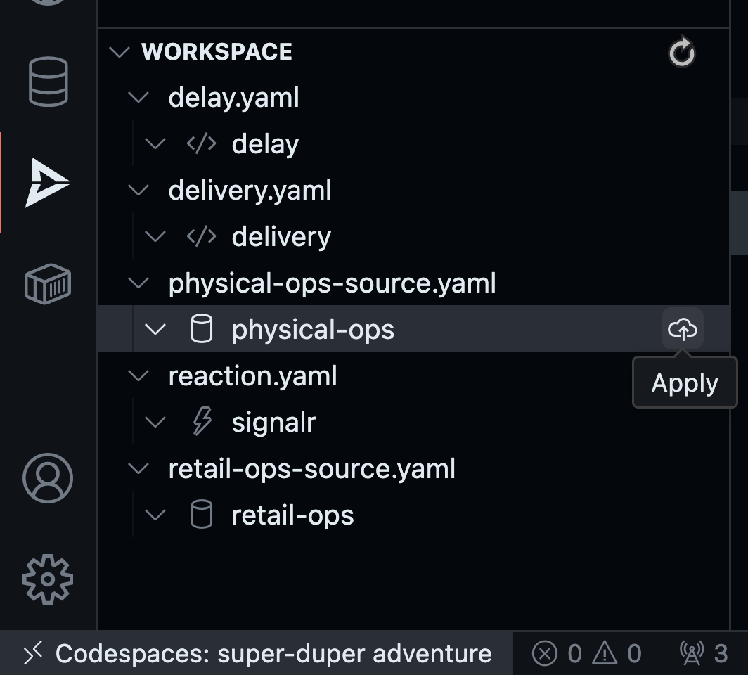 Drasi VS Code extension showing Apply button for physical-ops source
