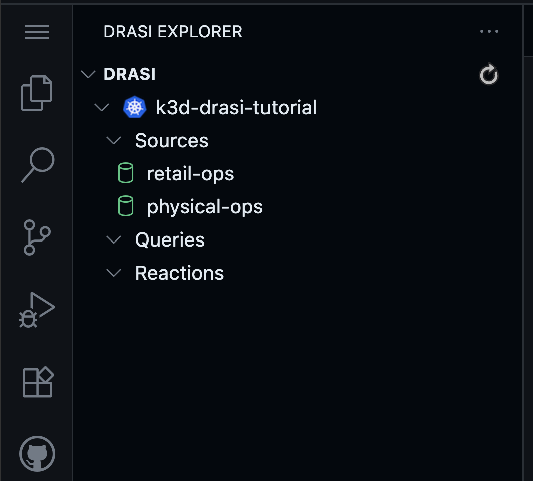 Drasi VS Code extension showing both sources ready with green icons