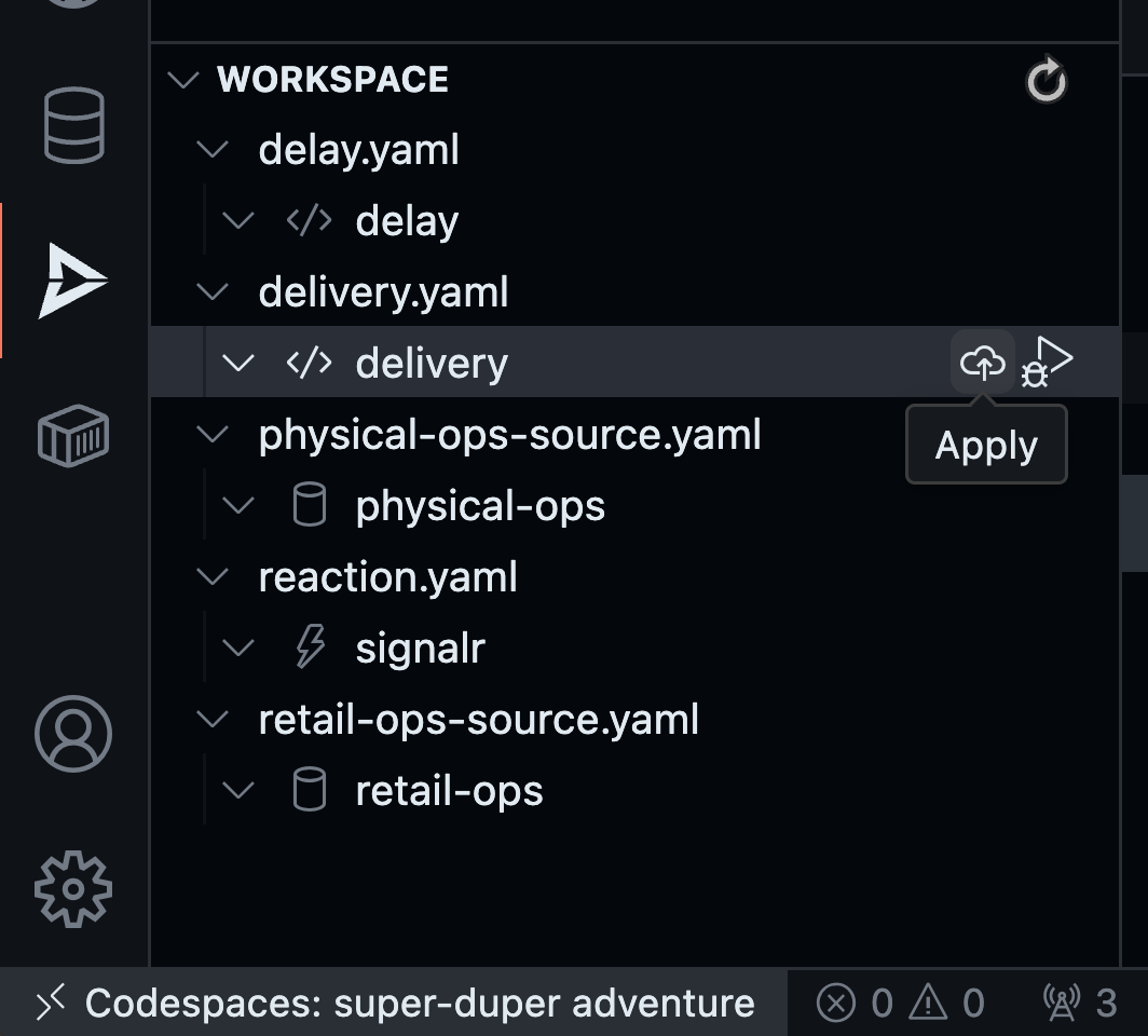 Drasi VS Code extension showing Apply button for delivery query
