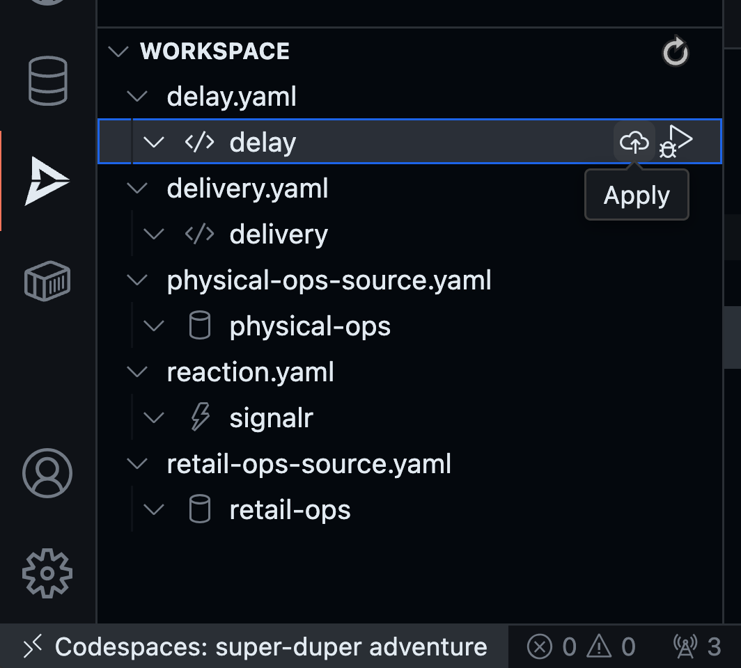 Drasi VS Code extension showing Apply button for delay query