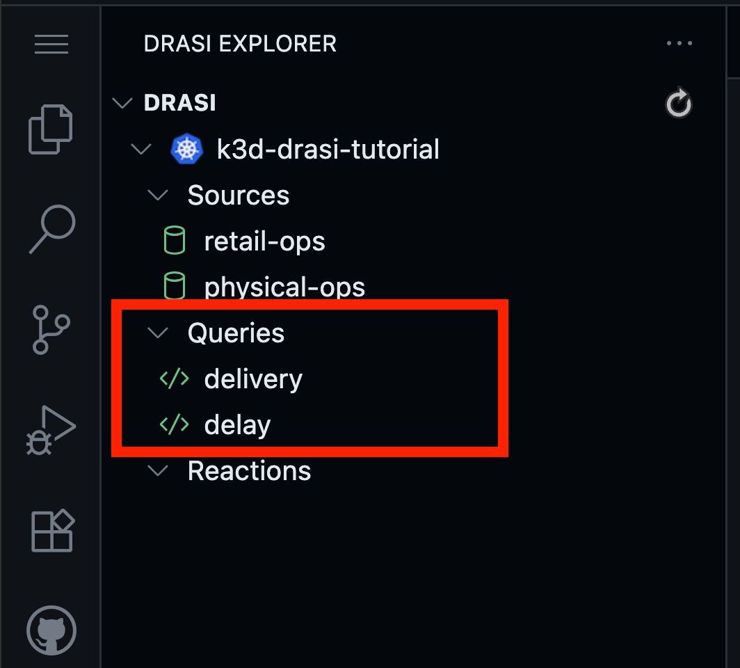 Drasi VS Code extension showing both queries ready with green icons