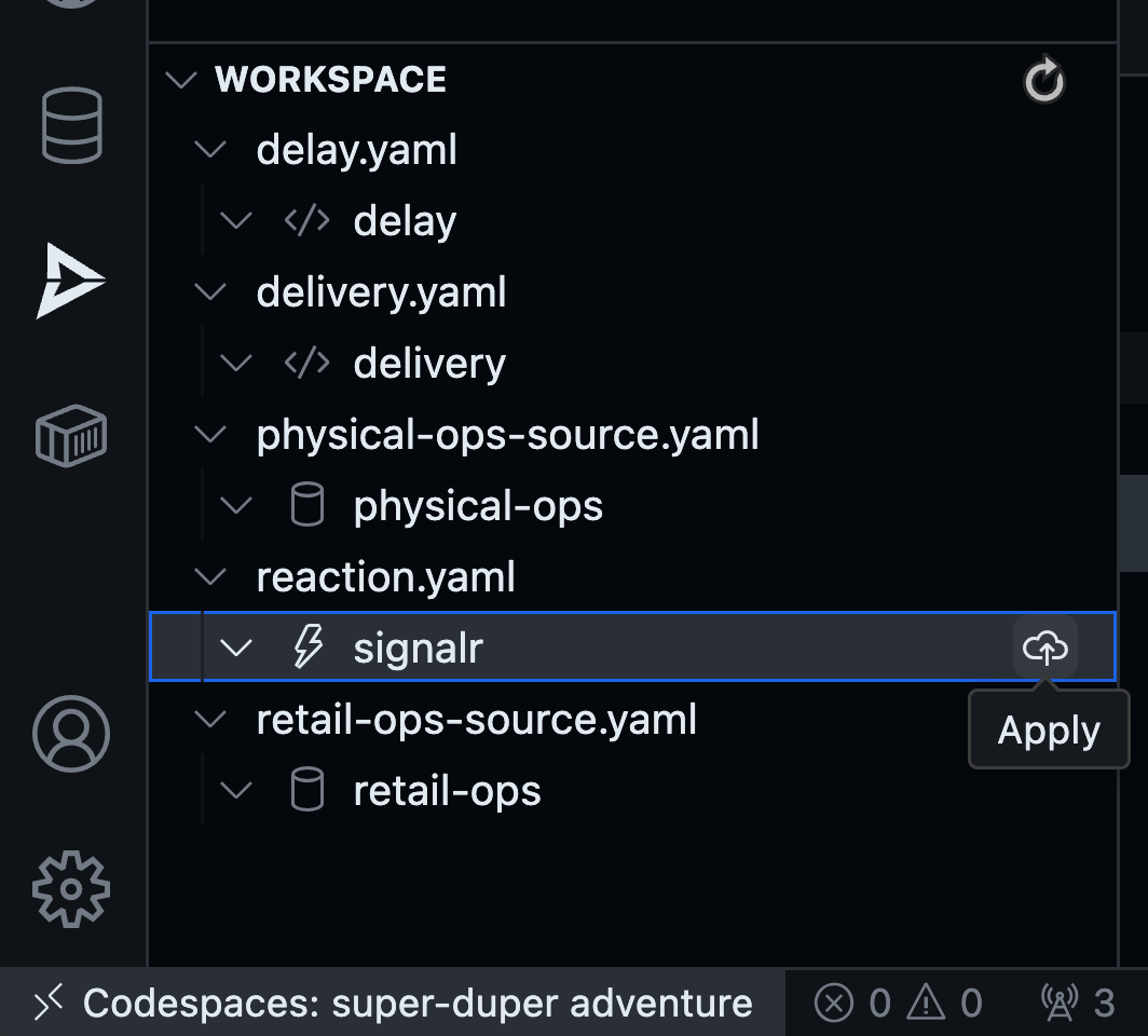 Drasi VS Code extension showing Apply button for SignalR reaction