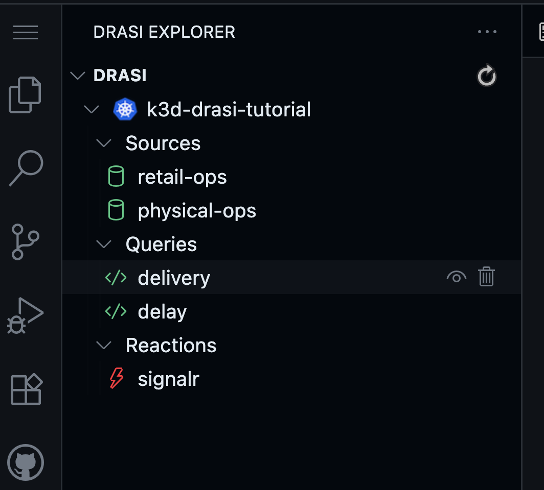 Drasi VS Code extension showing SignalR reaction deploying with red icon