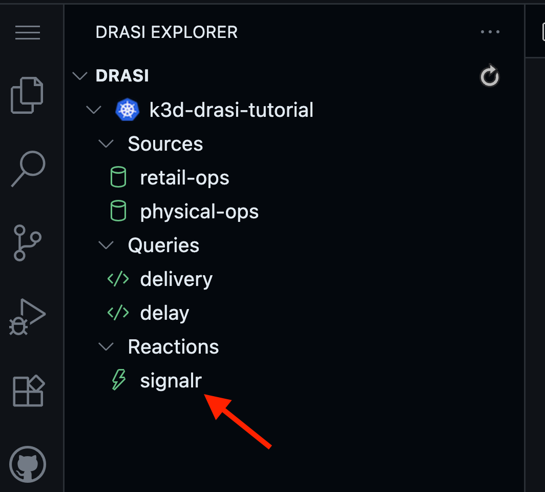 Drasi VS Code extension showing SignalR reaction ready with green icon