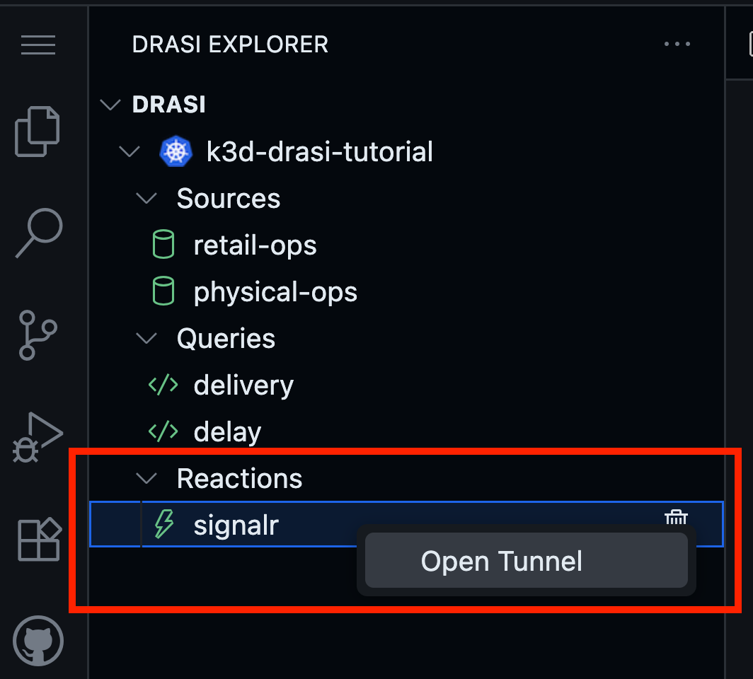 Drasi VS Code extension context menu showing Open Tunnel option