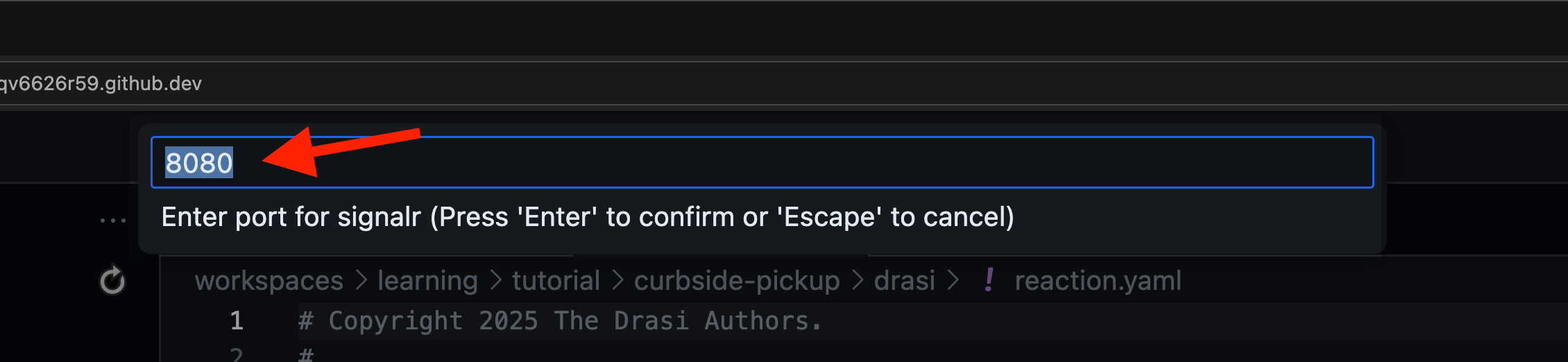 VS Code prompt to enter port number 8080 for tunnel