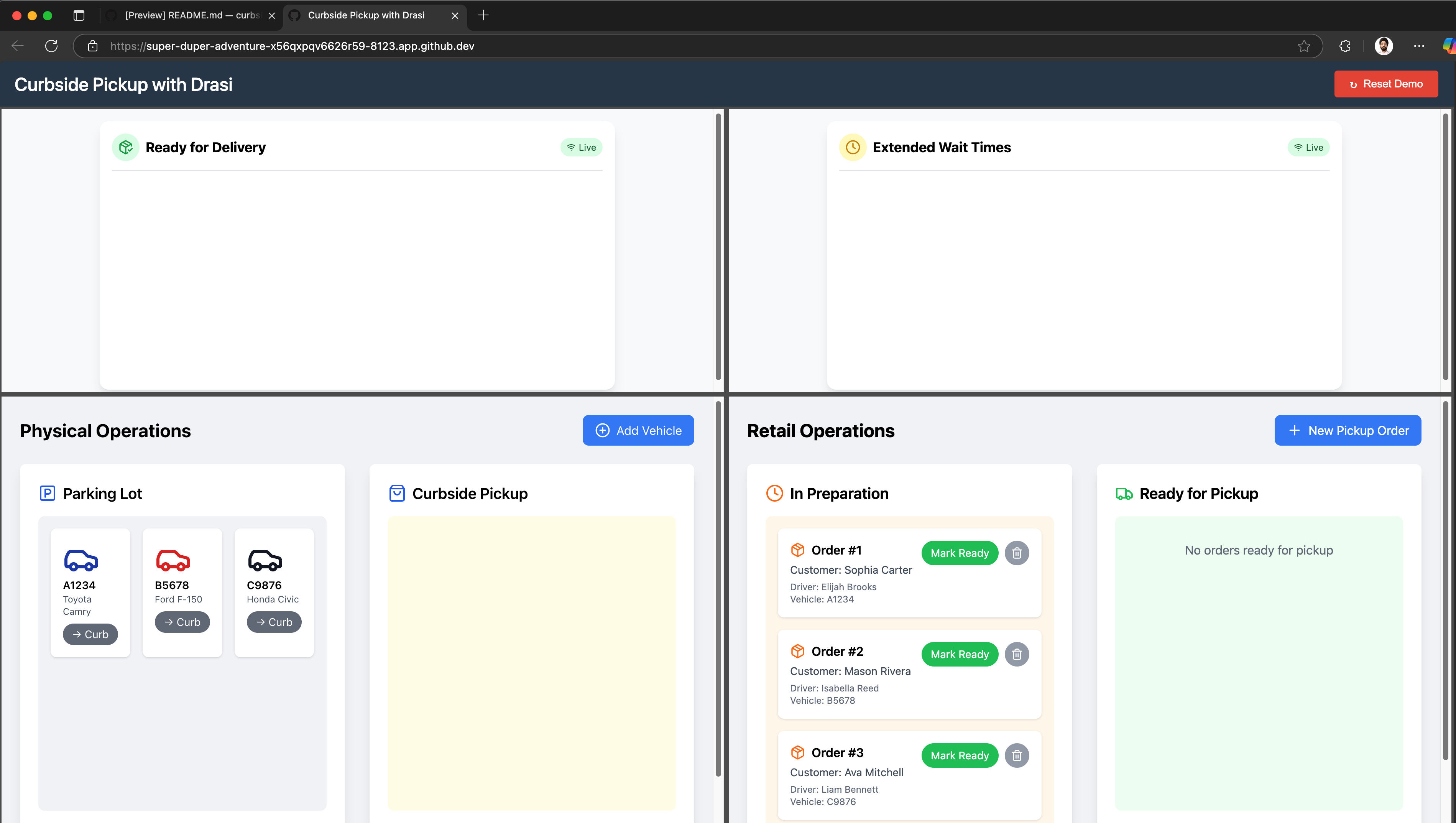 Demo portal showing connected delivery and delay dashboards