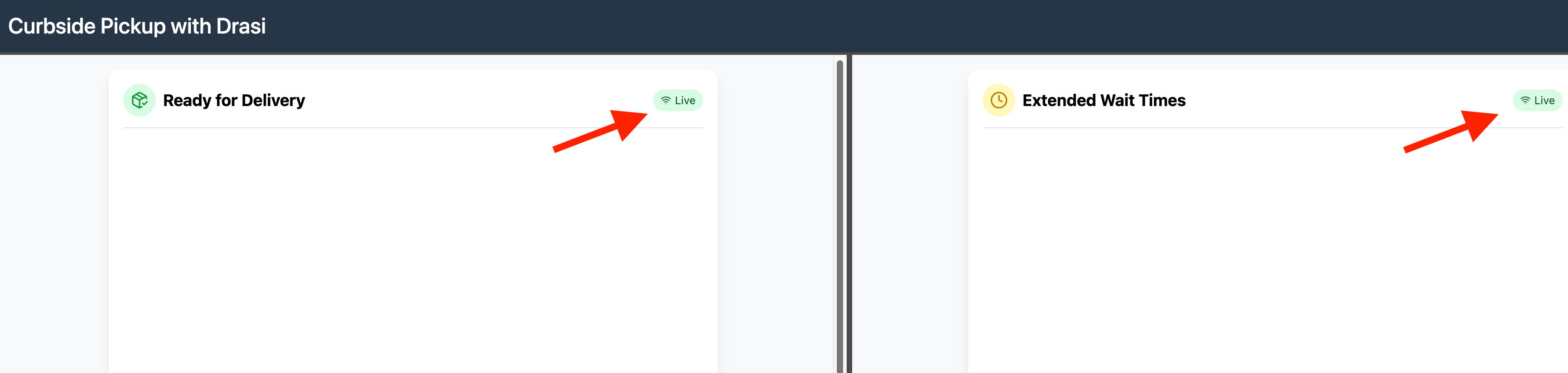Screenshot of the demo portal showing both the Delivery and Delay dashboards with a 'Live' connection status.