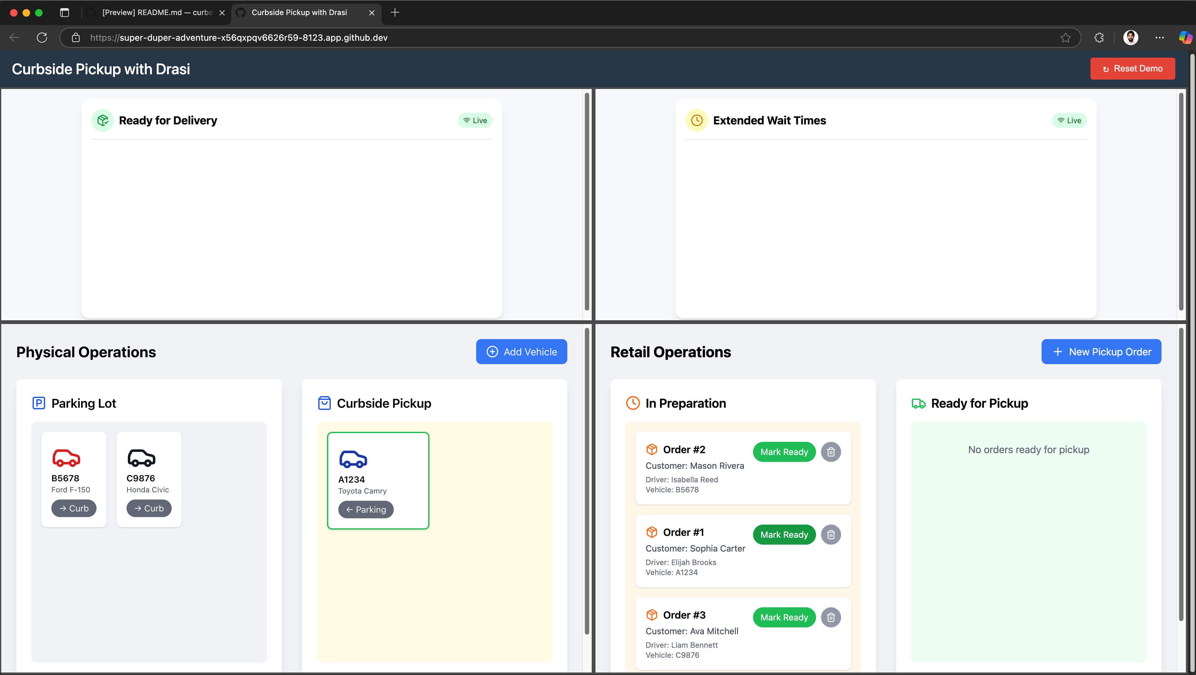 Physical Operations app showing Blue Toyota Camry moved to Curbside