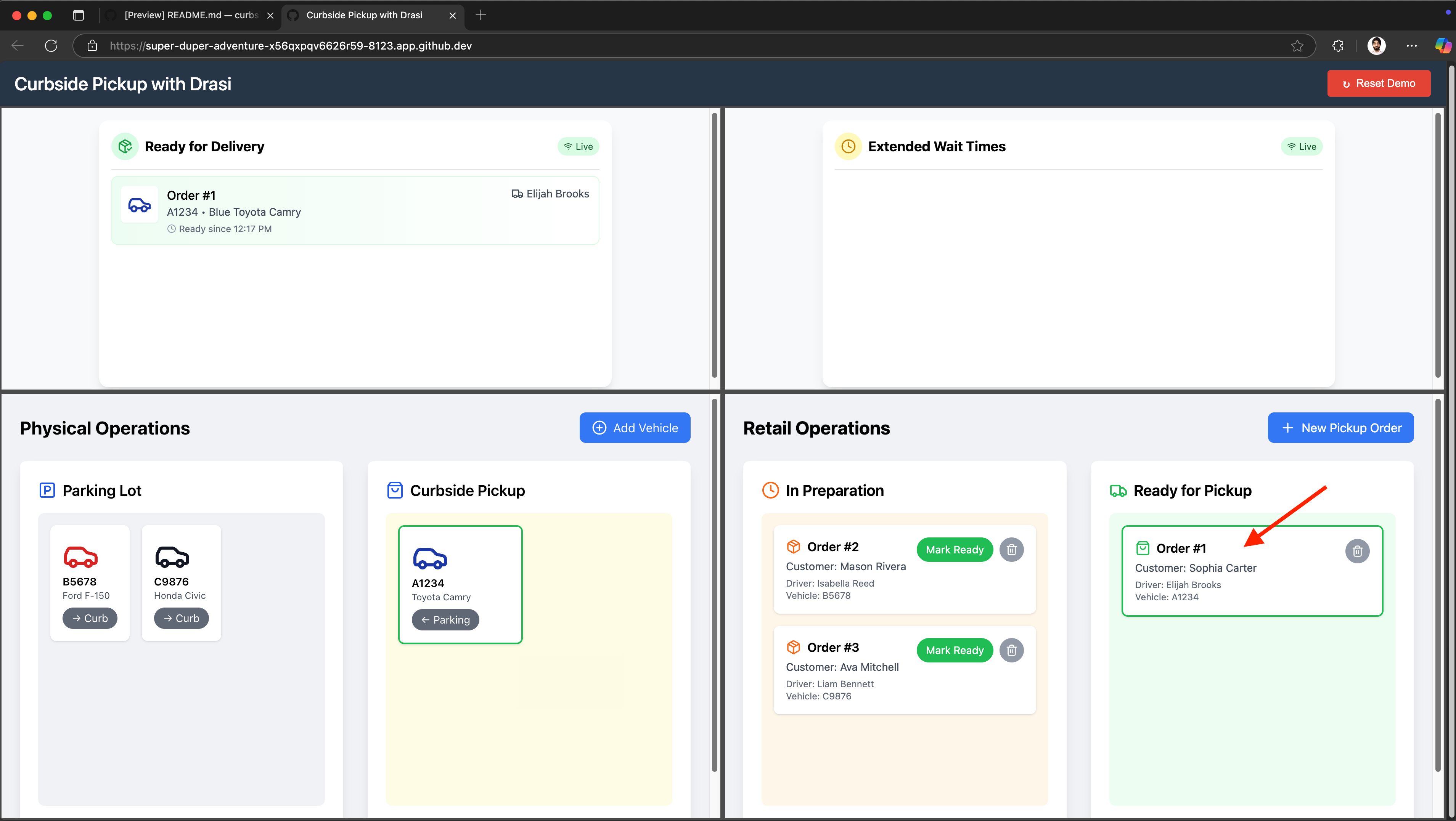 Demo portal showing Order #1 matched in Delivery Dashboard after marking ready