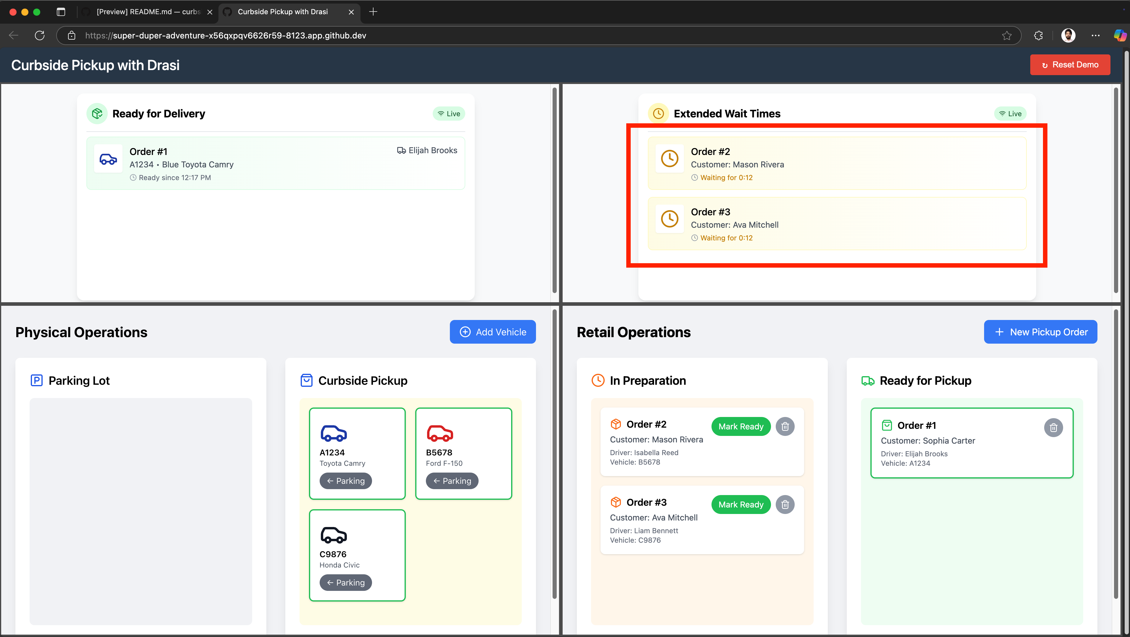 Delay Dashboard showing two drivers waiting more than 10 seconds with alerts